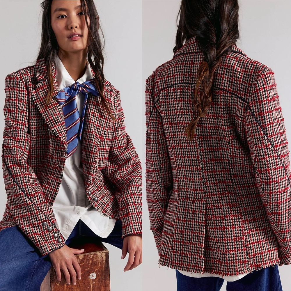 Free People Red and Black Plaid Blazer